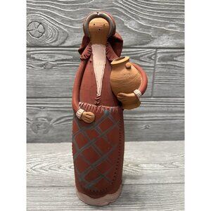 Clay Woman with Jug Handmade Pottery Figure Signed 11.5” Primitive Folk Art